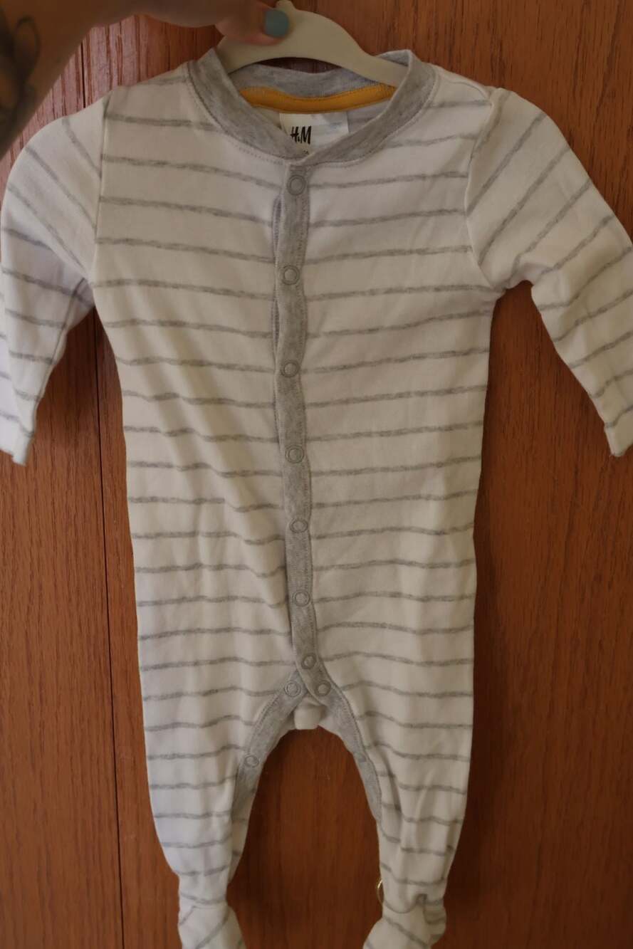 H&M Grey and White Striped Cotton Footed Sleepsuit Romper